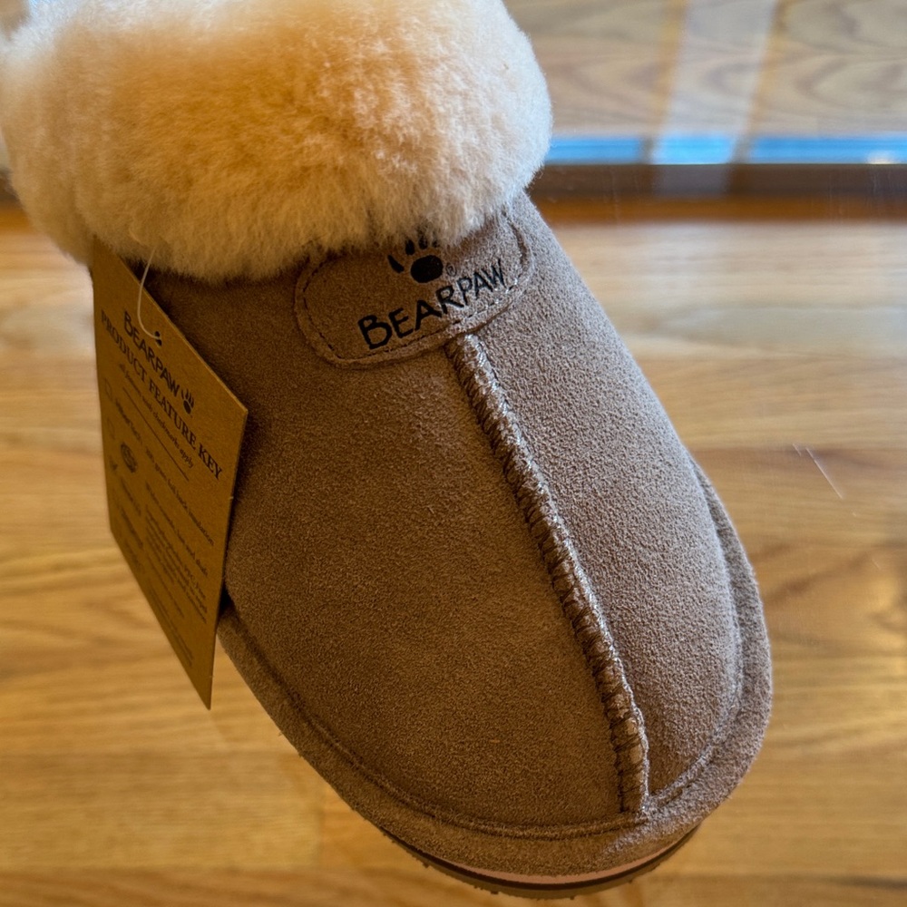 BearPaw Kids Tan Slippers with Cream Trim